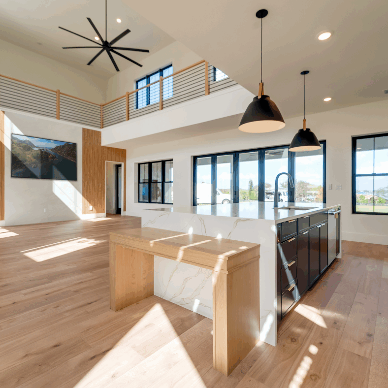 kitchen and great room with natural light