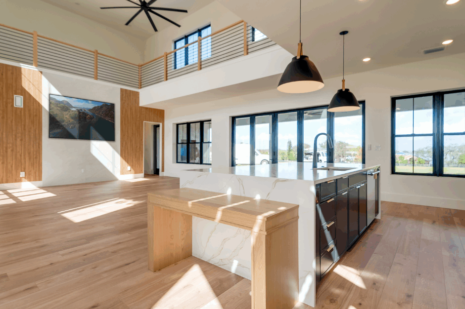 kitchen and great room with natural light