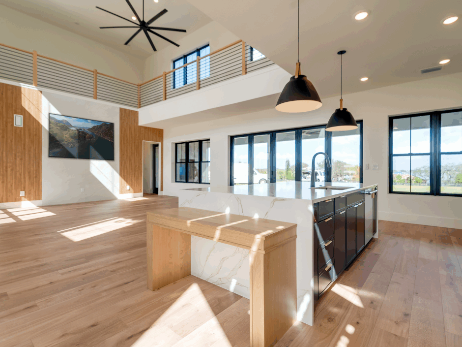 kitchen and great room with natural light